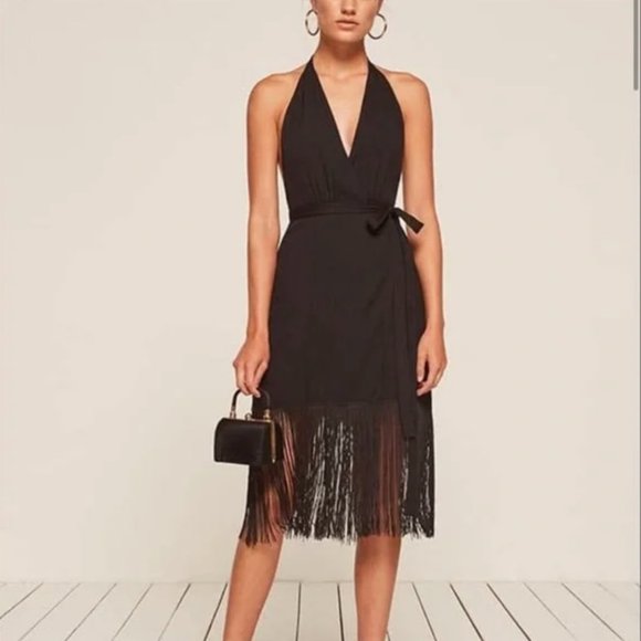 Reformation Dresses & Skirts - Reformation Saffron Dress - black, backless, fringe, wrap dress